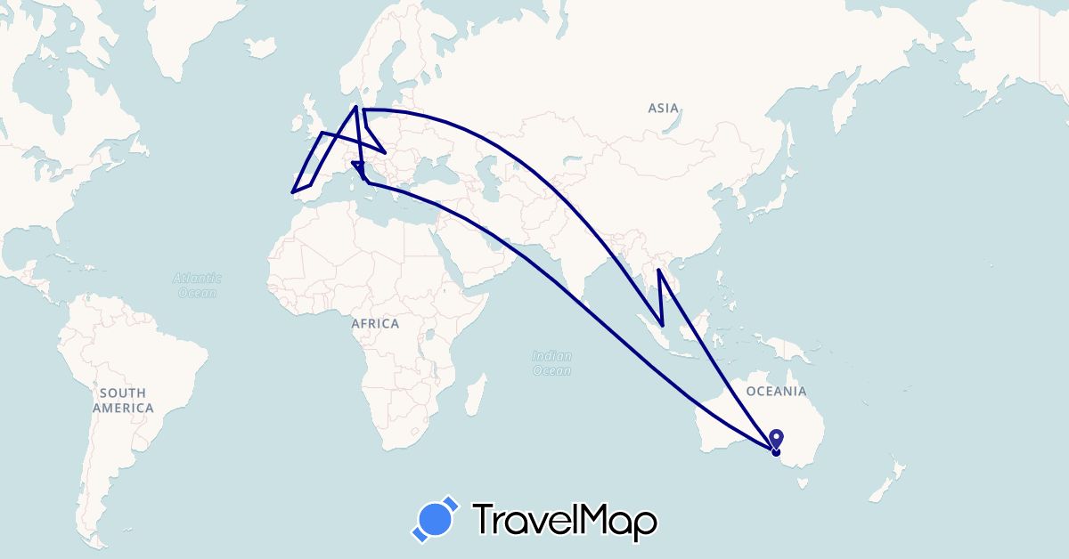 TravelMap itinerary: driving in Australia, Germany, Denmark, Spain, United Kingdom, Hungary, Italy, Laos, Portugal, Singapore, Vietnam (Asia, Europe, Oceania)